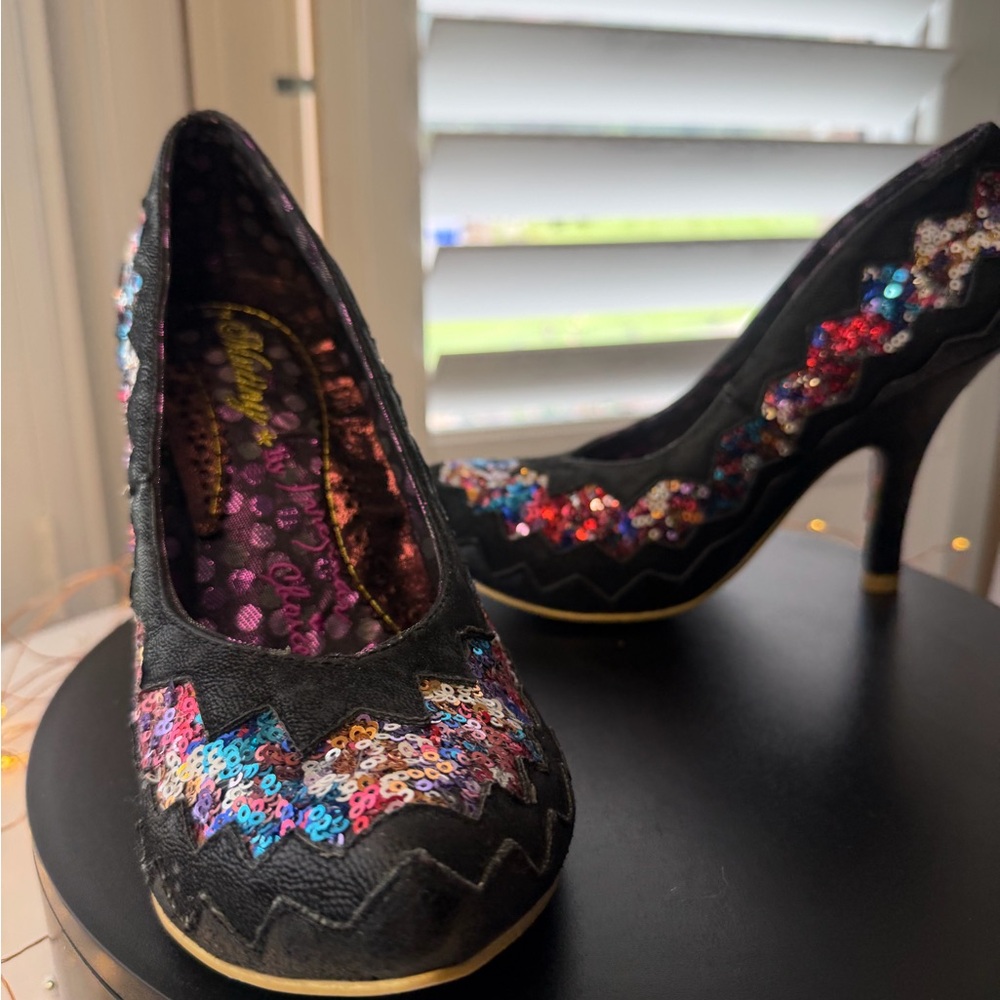 Poetic License by Irregular Choice Women's Black Sequin Zigzag High Heels, 39/8 - Picture 4 of 14